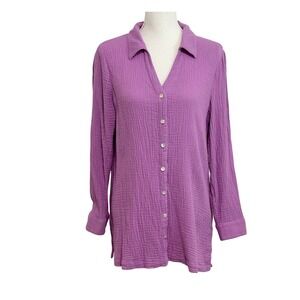 Soft Surroundings Purple Cotton Double Gauze Button Down Tunic Shirt PL 3FJ10 B9